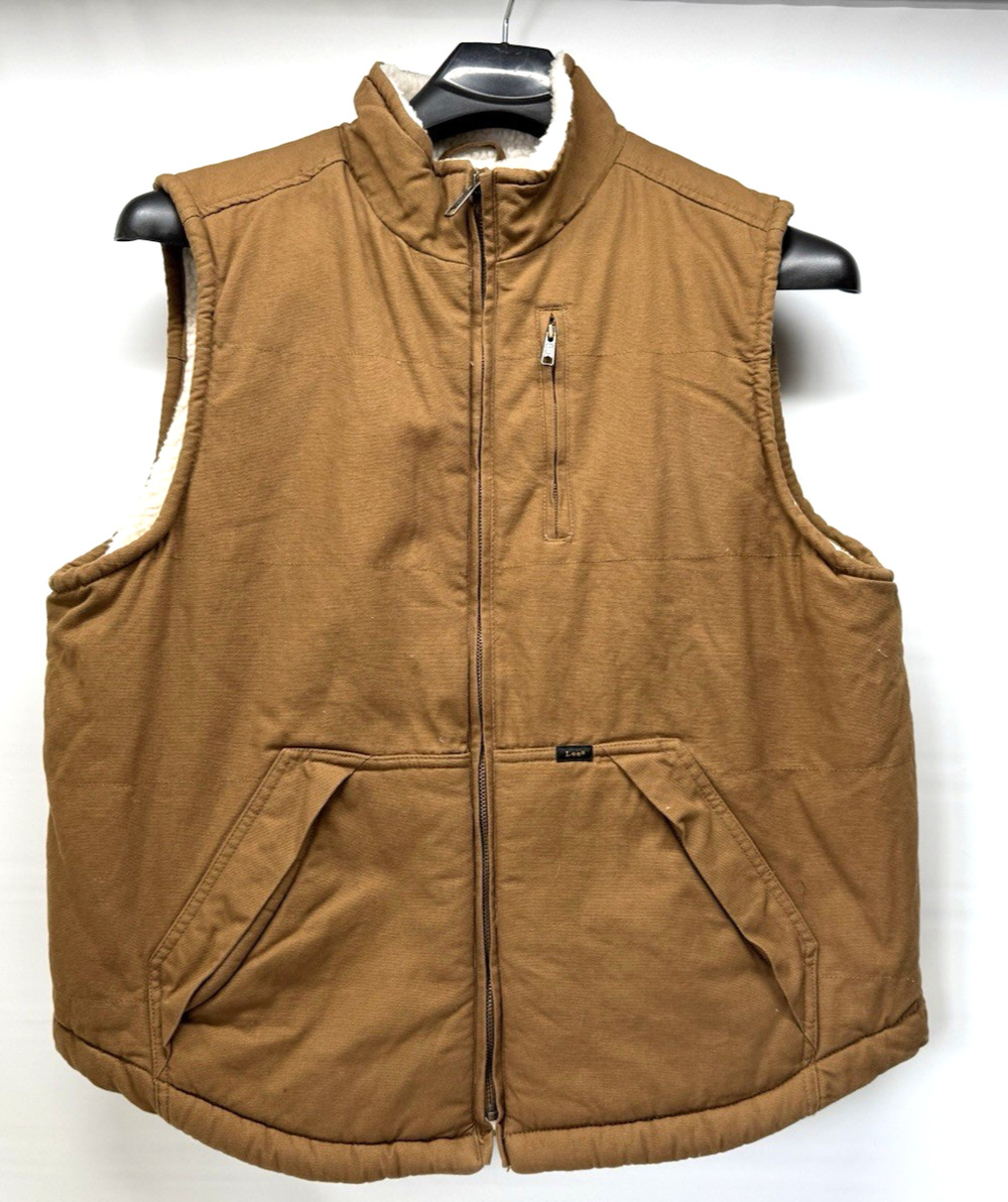LEE Workwear Vest Mens Large Tobacco Brown Duck Canvas Sherpa Lining Zip Front